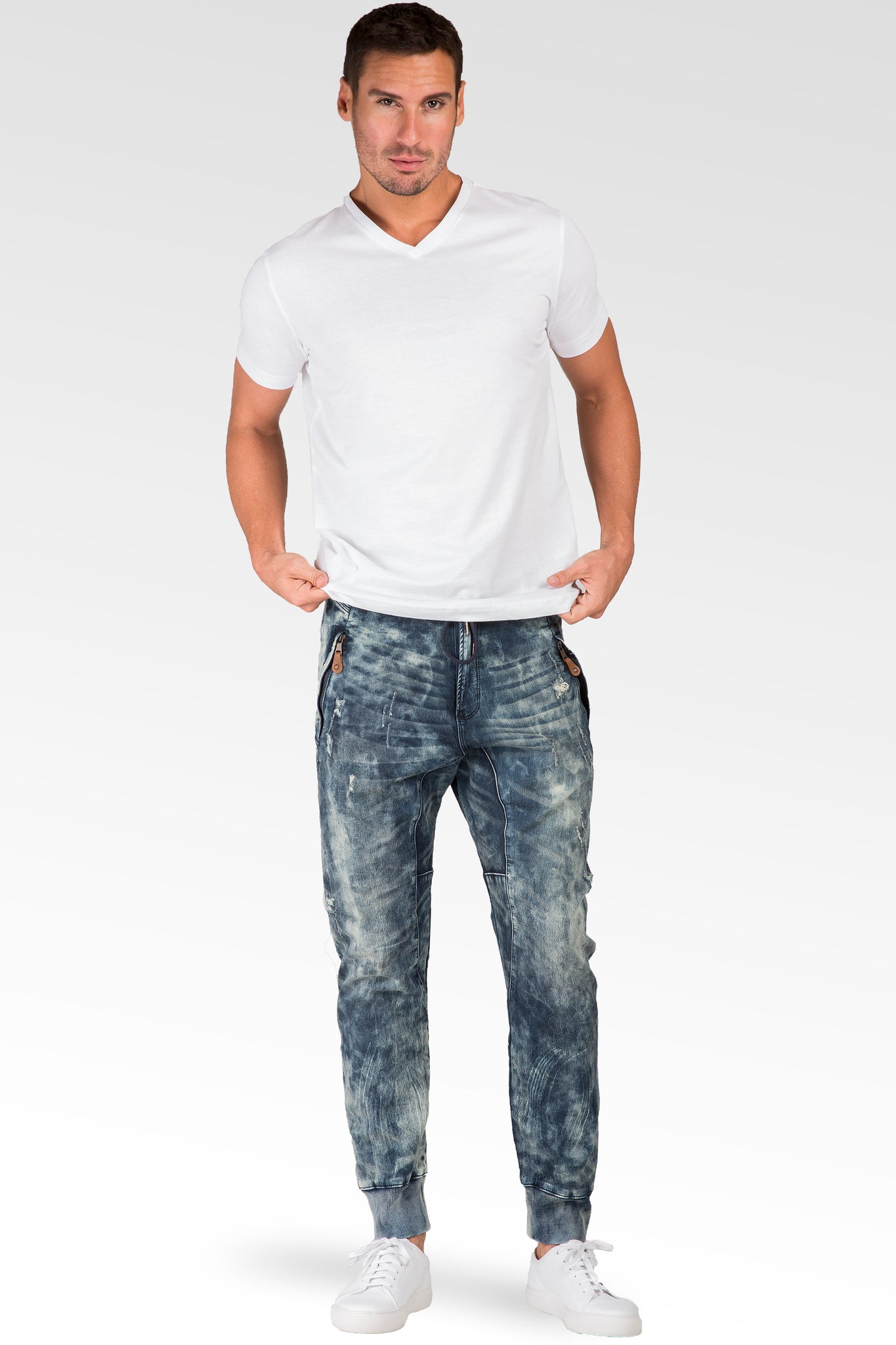 Men's Denim Joggers Pants Loose Patch Pattern Light Blue Jeans – Eccentric  You